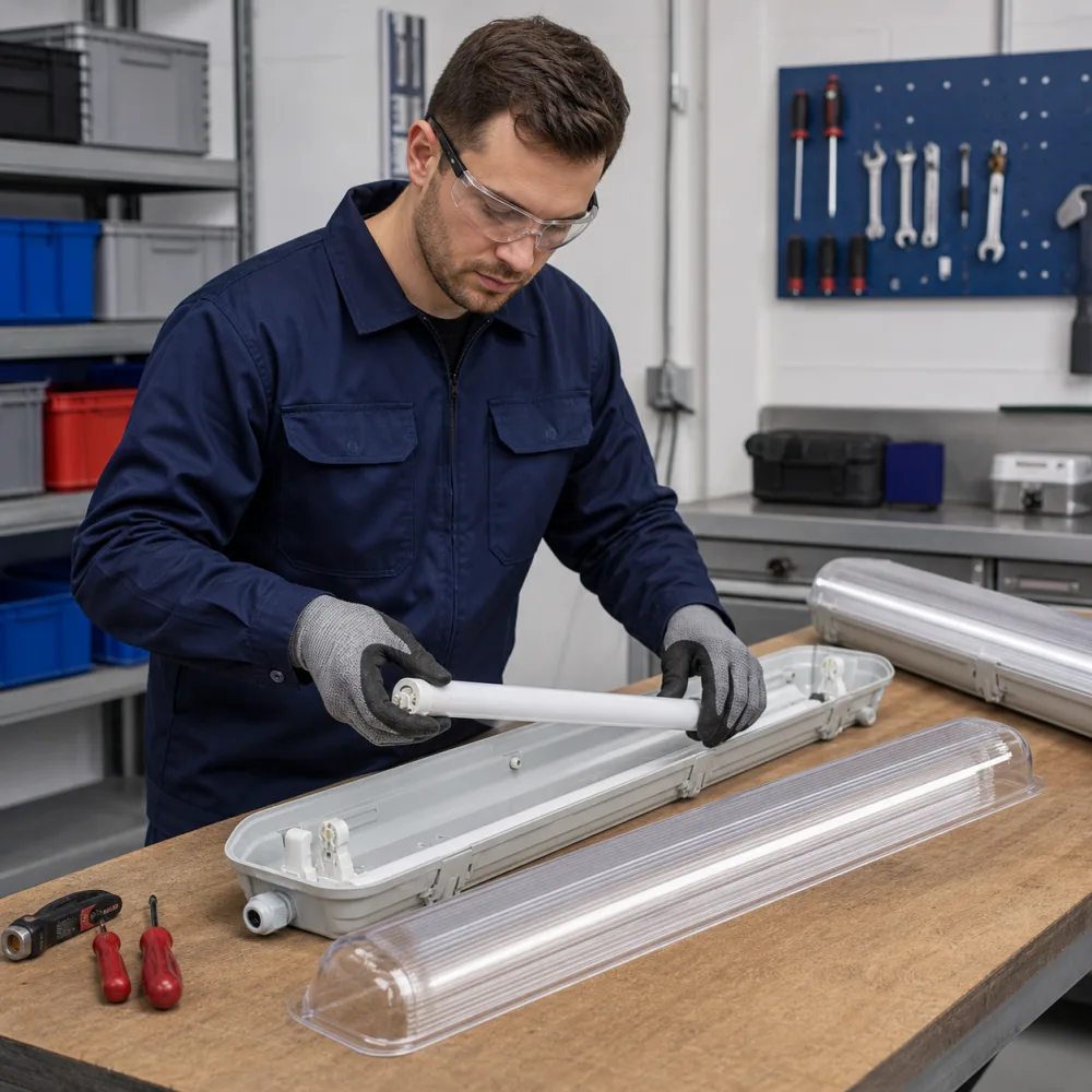 Technician fitting a T8 LED tube into G13 lampholders inside an open tri-proof fixture on a service bench