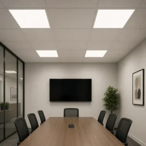 Square backlit LED panels installed in a suspended meeting room ceiling