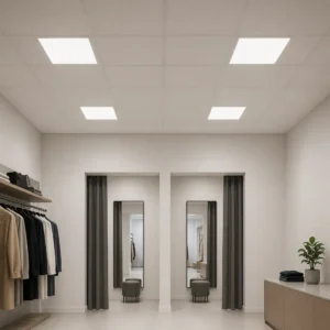 Slim square LED panels installed in a modern office ceiling
