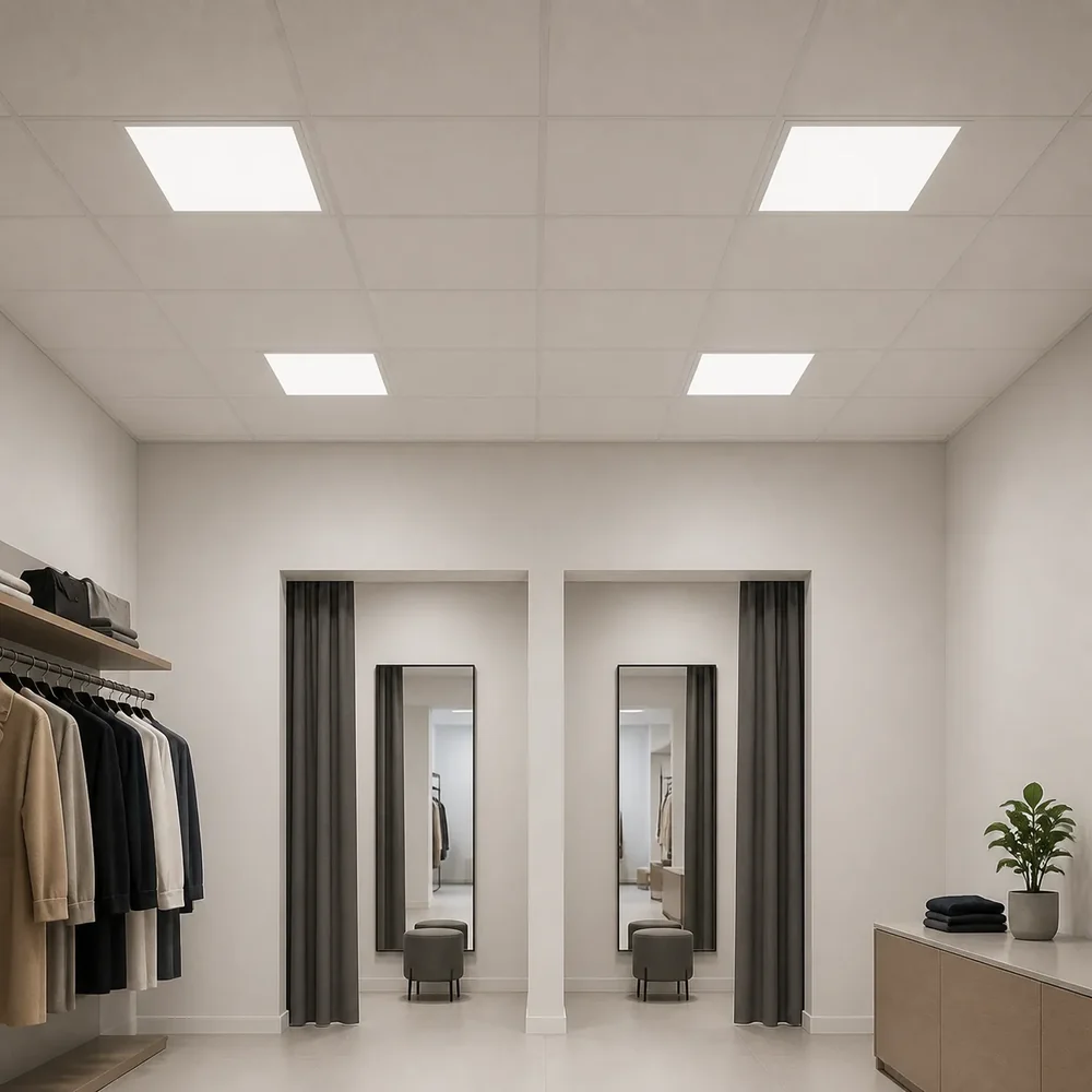 Slim square LED panels installed in a modern office ceiling