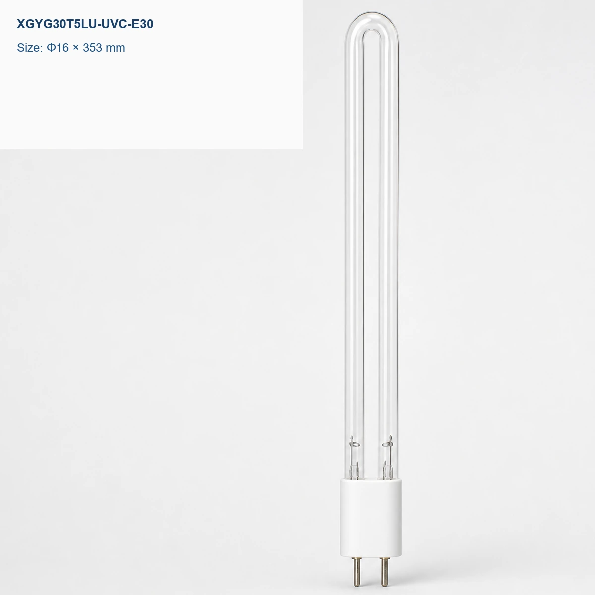Clear U-shaped UV-C lamp Φ16 × 353 mm, 2-pin base, 30 W