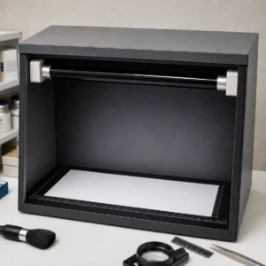 Unlit black-glass UV-A BLB fluorescent tube seated in G13 holders inside an indoor benchtop viewing enclosure