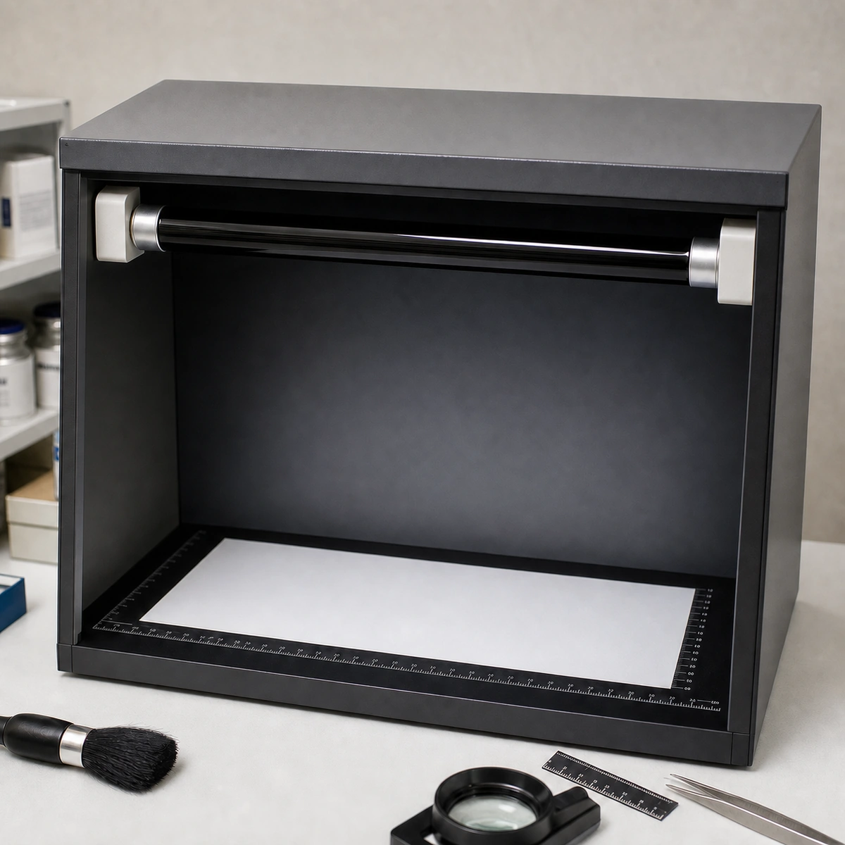 Unlit black-glass UV-A BLB fluorescent tube seated in G13 holders inside an indoor benchtop viewing enclosure