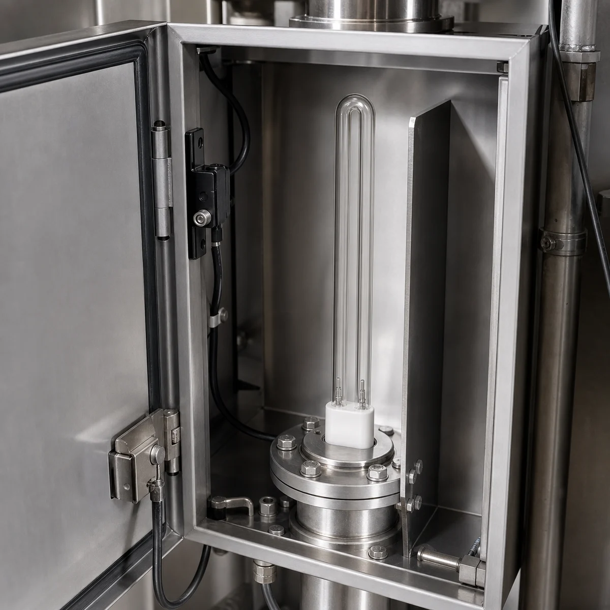Clear quartz U-shaped UV-C lamp mounted through a sealed flange inside interlocked treatment equipment