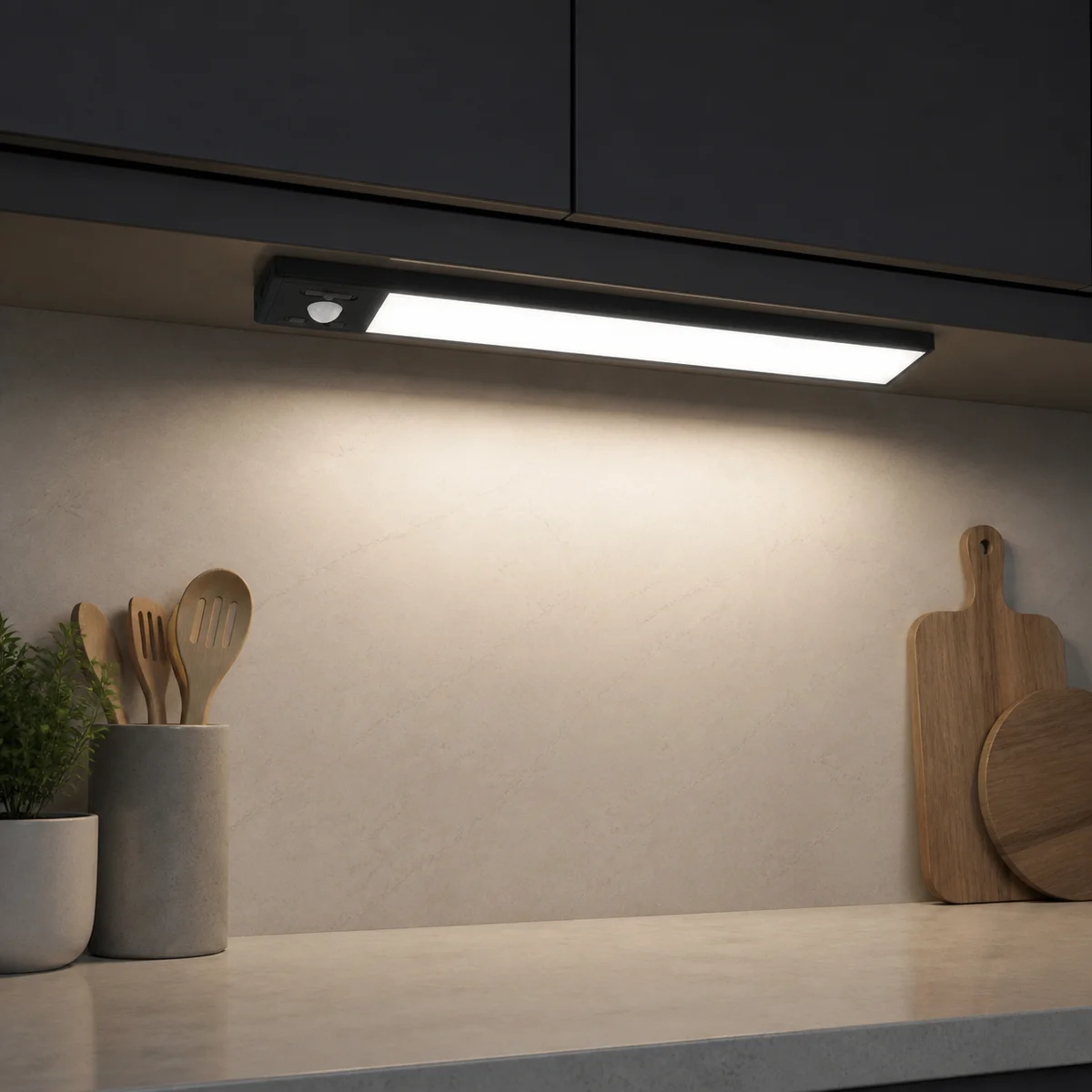 Black wide-diffuser rechargeable sensor cabinet light installed beneath a kitchen cabinet