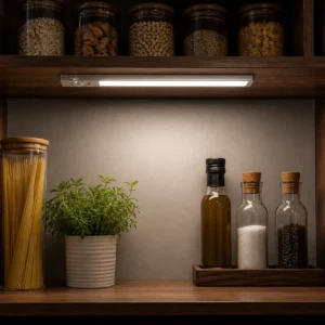 White wide-diffuser rechargeable cabinet light beneath a pantry shelf