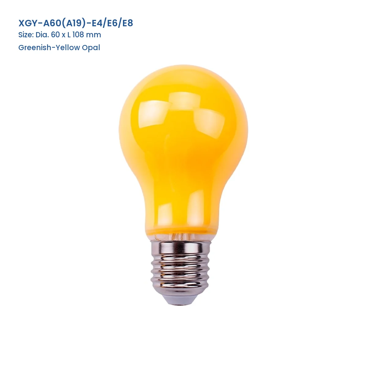 XGY-A60(A19)-E4/E6/E8 yellow-amber opal A60 LED filament bulb, Dia. 60 x L 108 mm