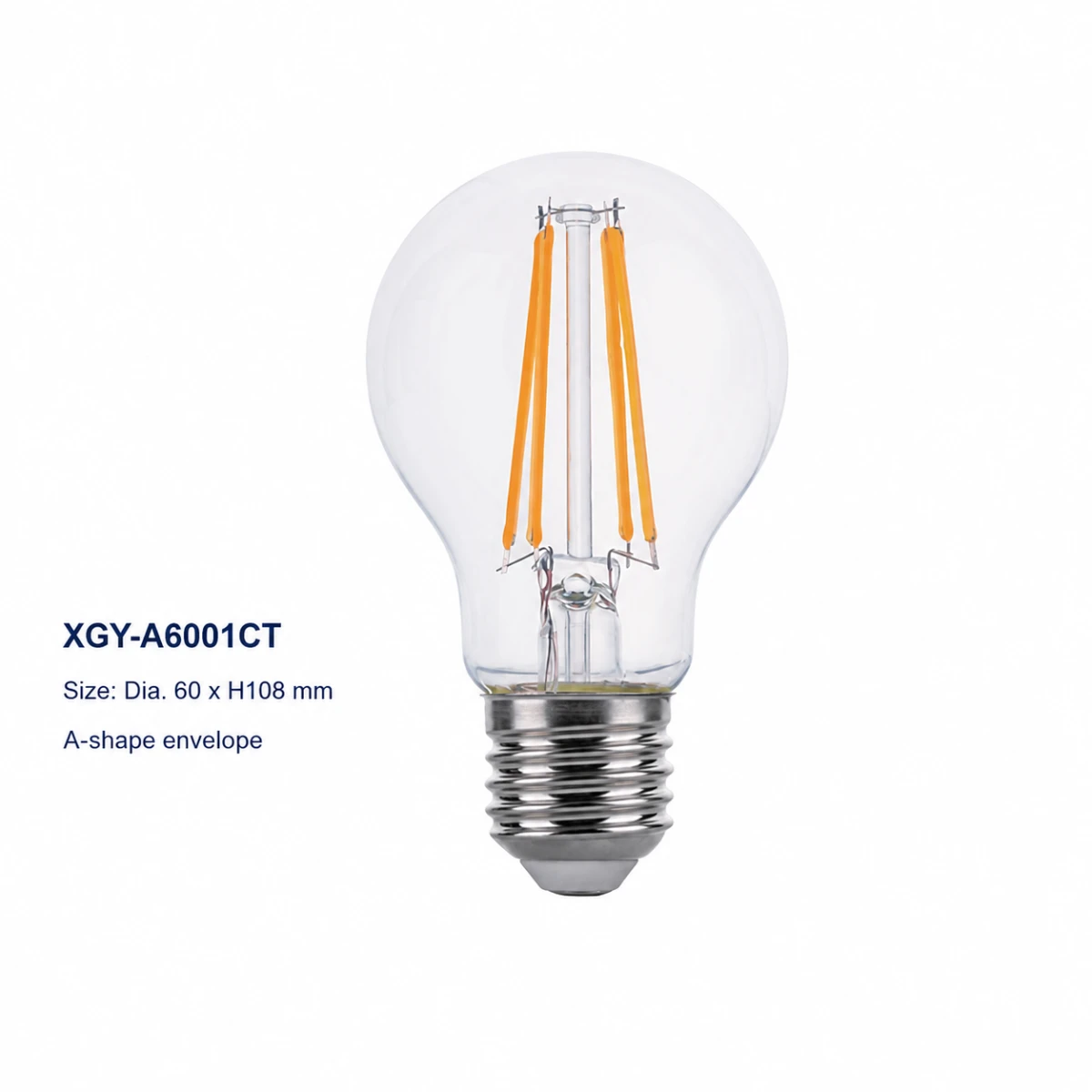 XGY-A6001CT-E3.8/5/7.2 clear LED filament bulb, size Ø60 × 108 mm