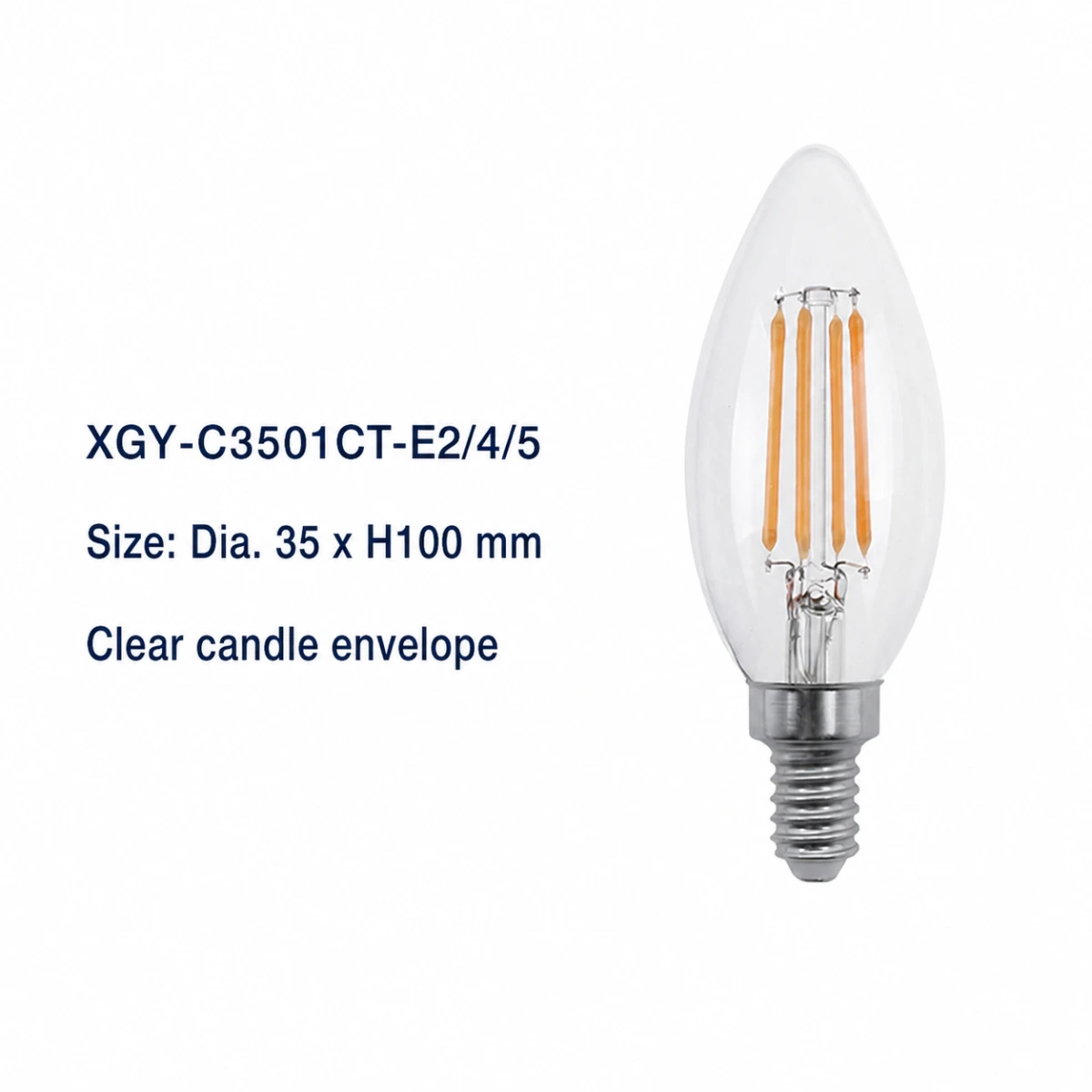 XGY-C3501CT-E2/4/5 clear LED filament bulb, size Ø35 × 100 mm
