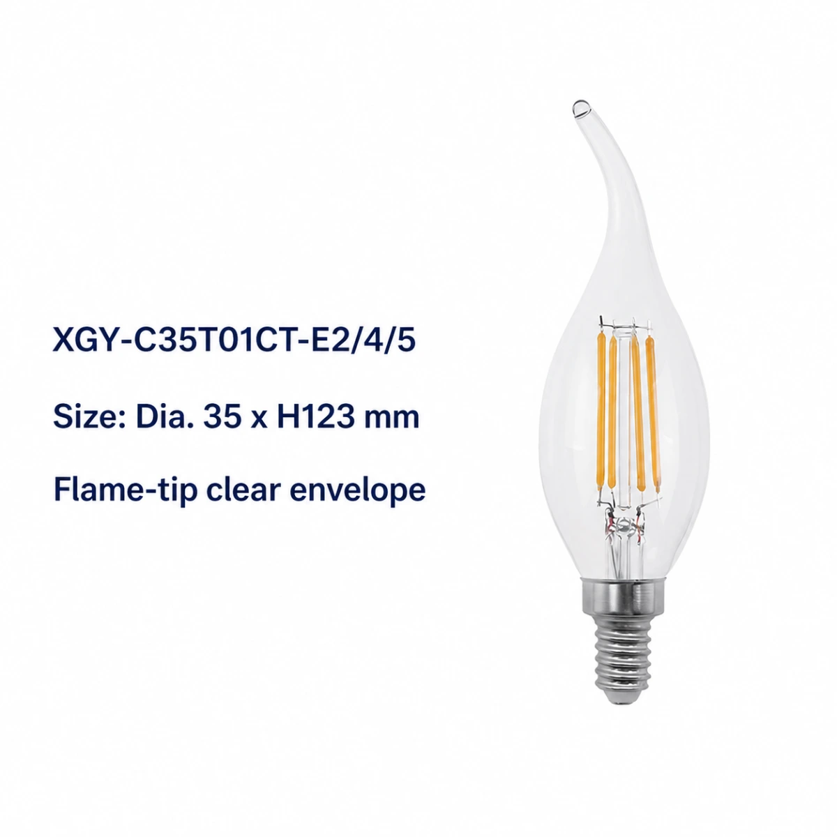 XGY-C35T01CT-E2/4/5 clear LED filament bulb, size Ø35 × 123 mm