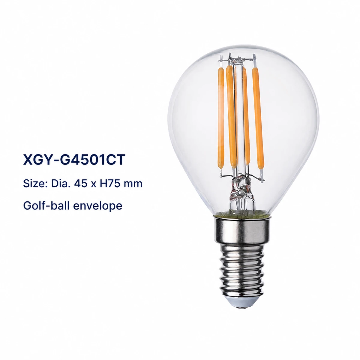 XGY-G4501CT-E2.2/3.8 clear LED filament bulb, size Ø45 × 75 mm