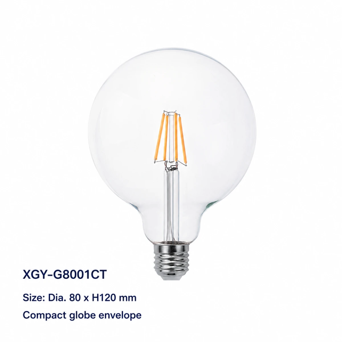XGY-G8001CT-E3.8/5/7.2 clear LED filament bulb, size Ø80 × 120 mm