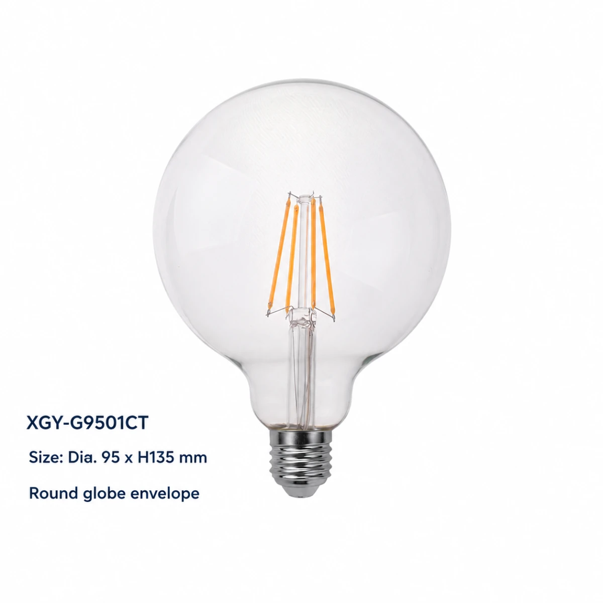 XGY-G9501CT-E3.8/5/7.2 clear LED filament bulb, size Ø95 × 135 mm