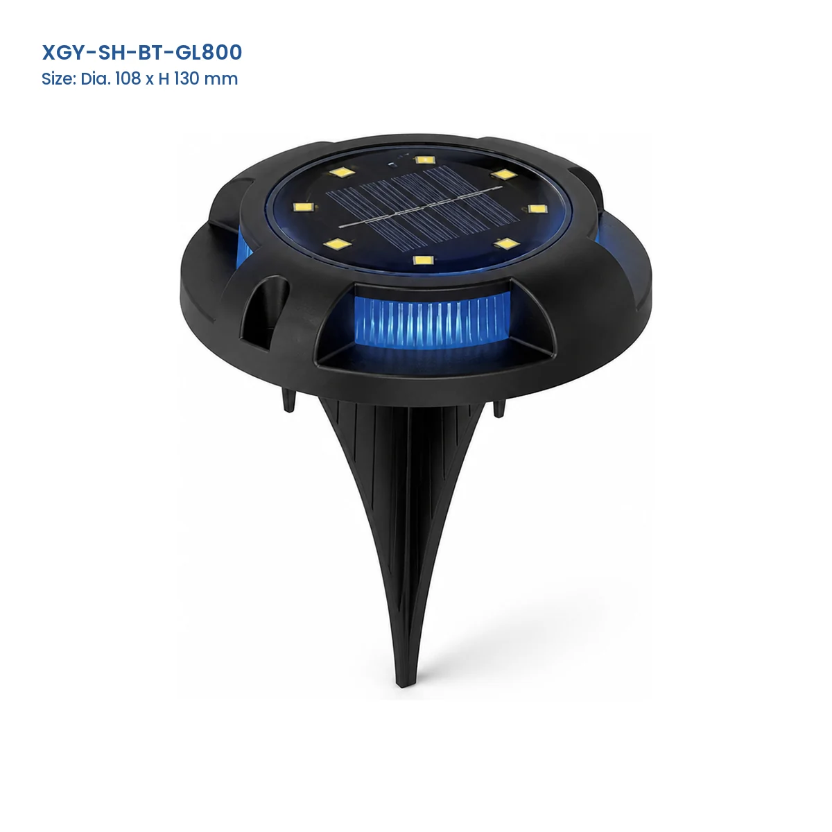 XGY-SH-BT-GL800 solar landscape stake light with Model and Size labels