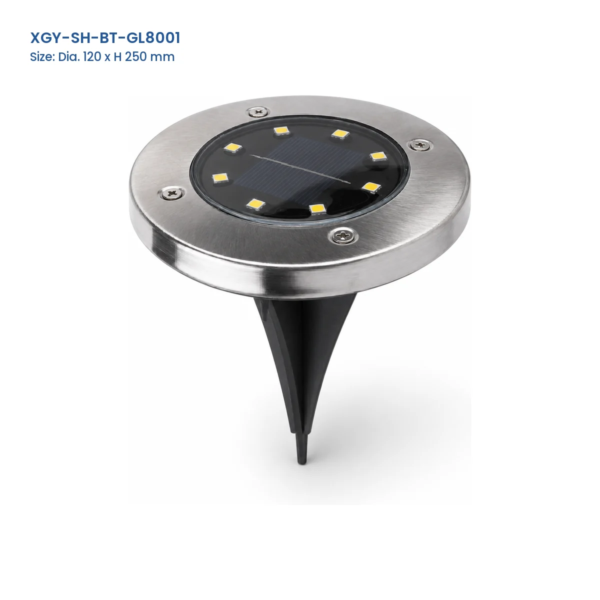 XGY-SH-BT-GL8001 solar landscape stake light with Model and Size labels