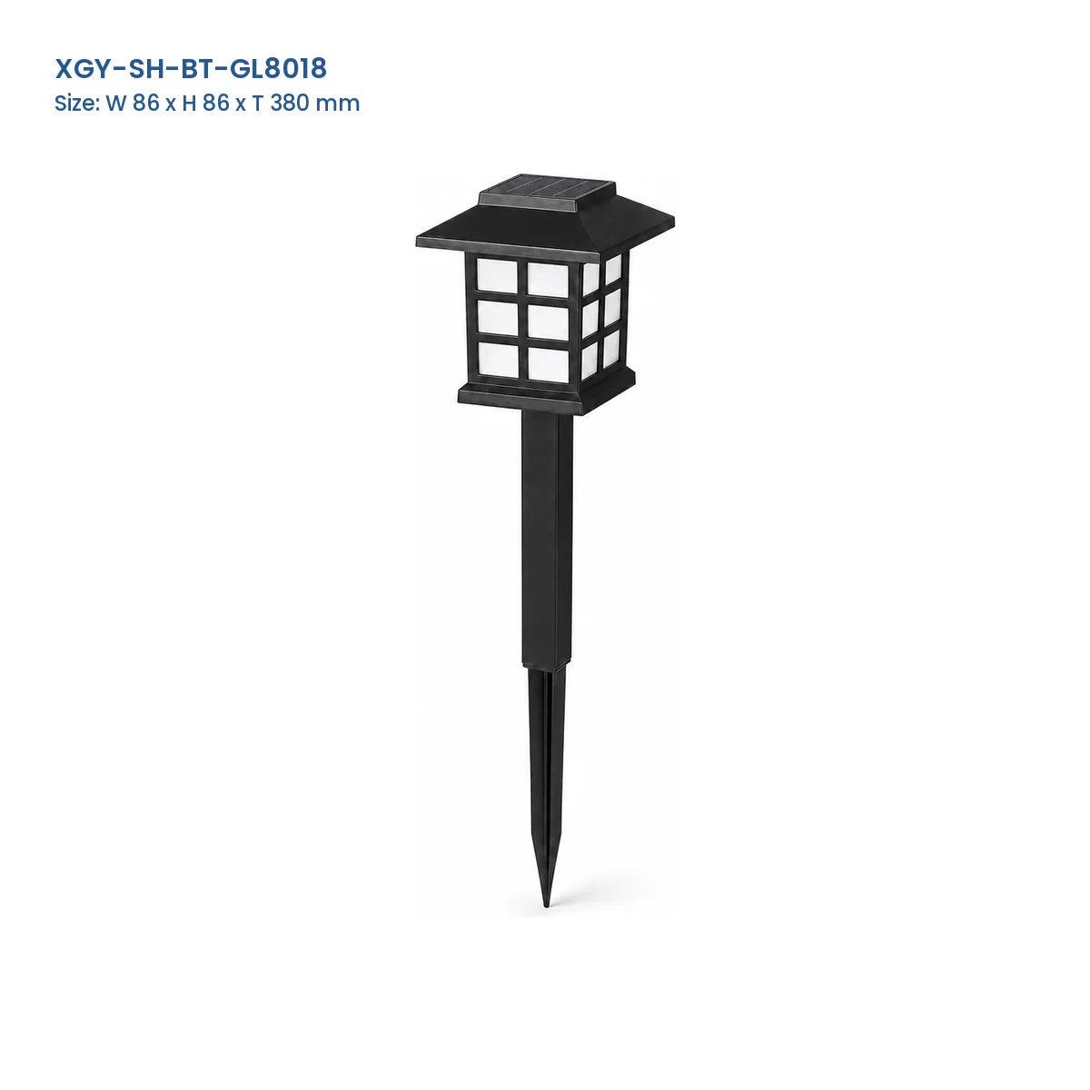 XGY-SH-BT-GL8018 solar landscape stake light with Model and Size labels