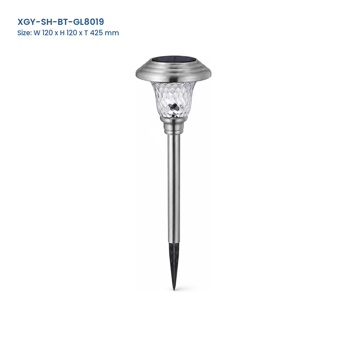 XGY-SH-BT-GL8019 solar landscape stake light with Model and Size labels