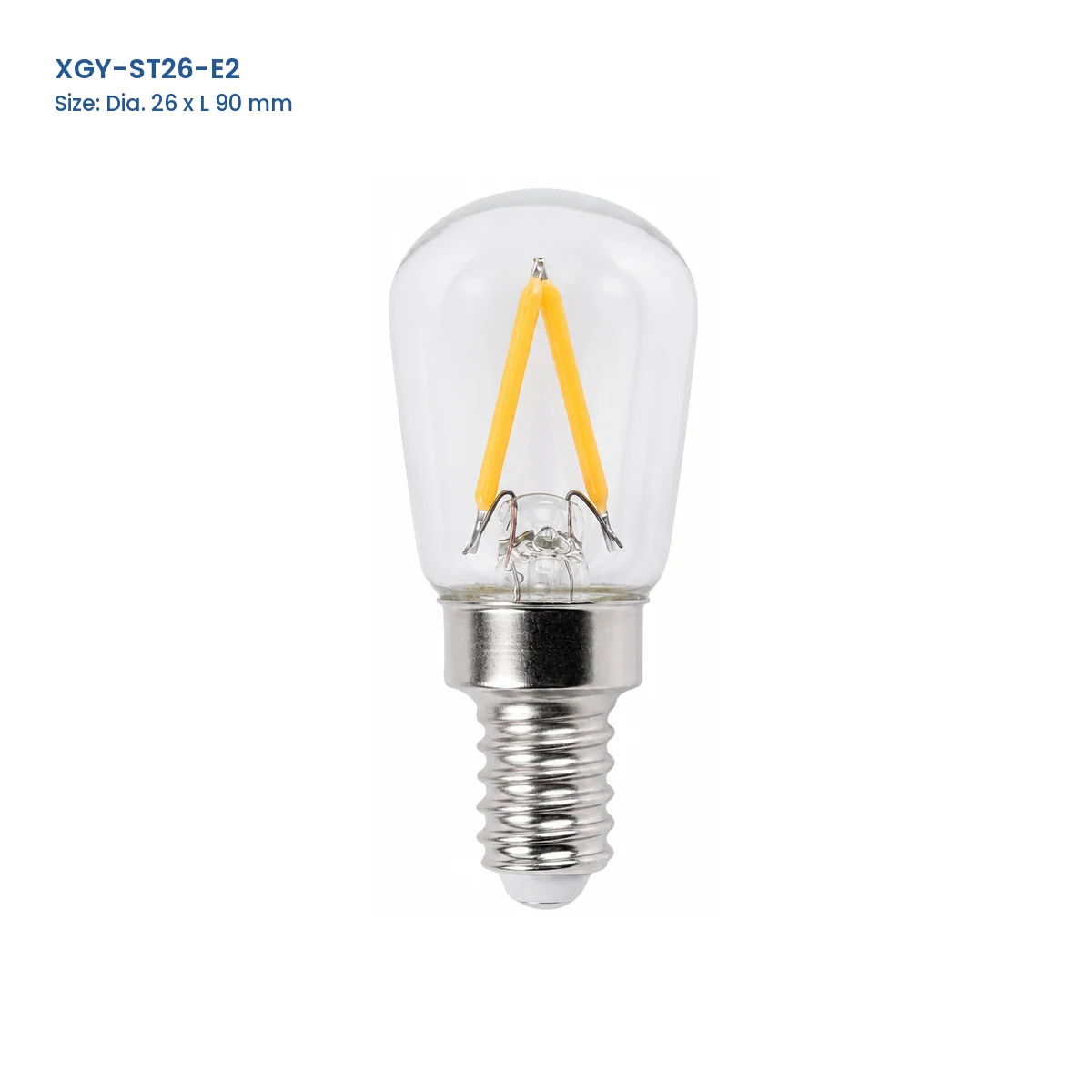 XGY-ST26-E2 ST26 refrigerator LED filament bulb, 26 mm diameter by 90 mm long, two-filament clear-glass form