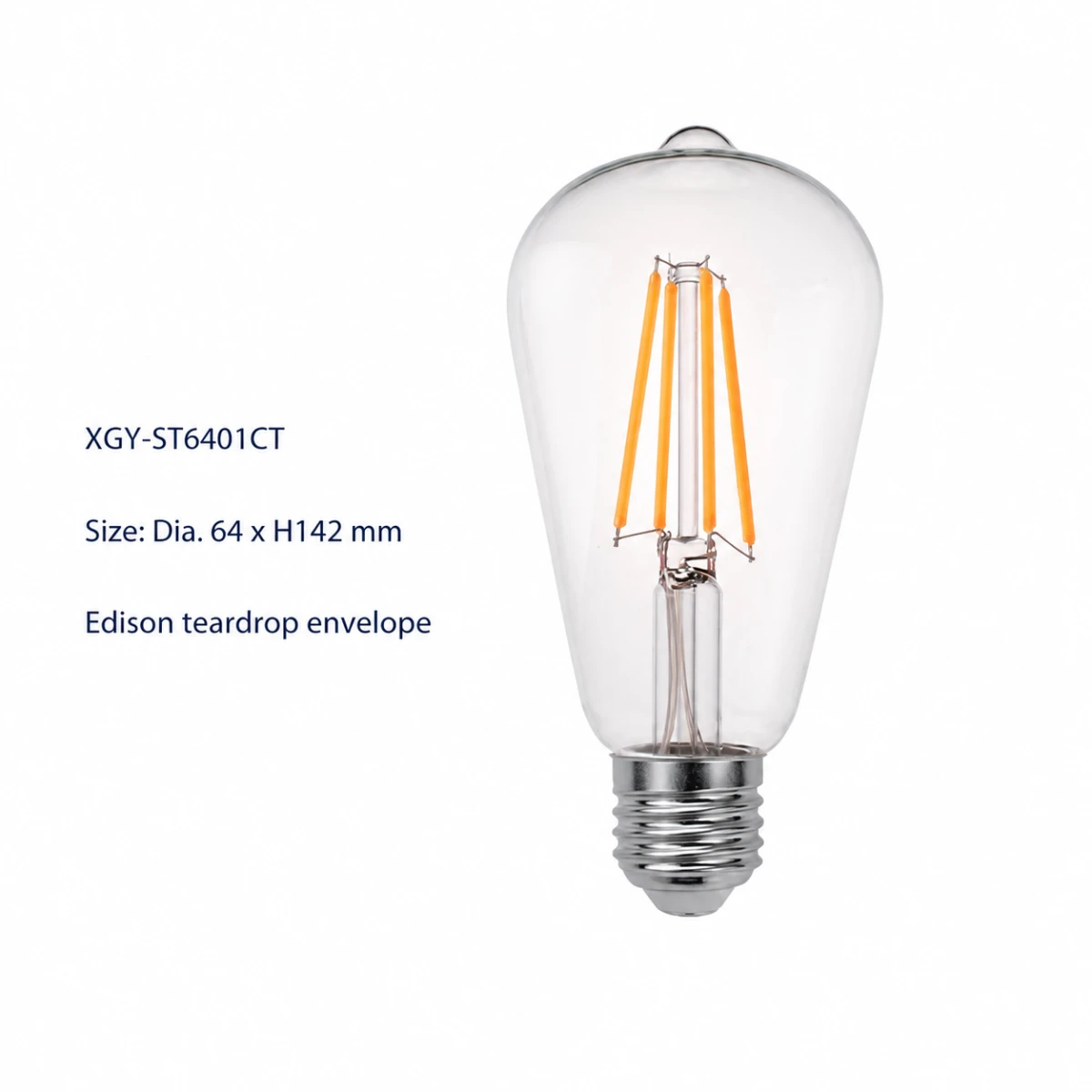XGY-ST6401CT-E3.8/5/7.2 clear LED filament bulb, size Ø64 × 142 mm
