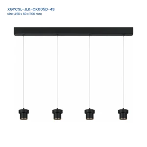 XGYCSL-JLK-CK005D-4S four-head suspended spotlight housing with a black canopy and thin suspension wires, 490 x 60 x 1100 mm