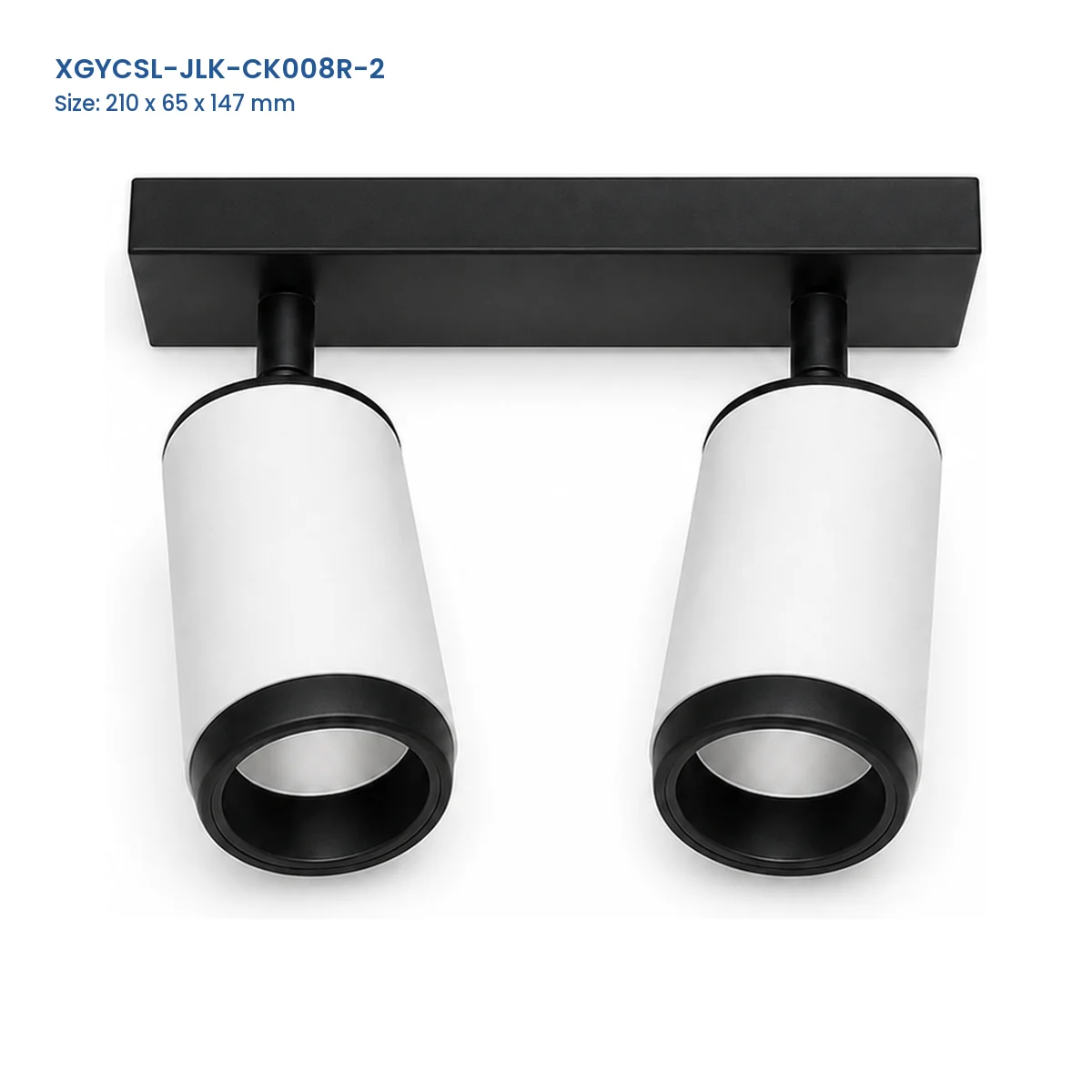 XGYCSL-JLK-CK008R-2 two-head spotlight housing with Model and Size labels