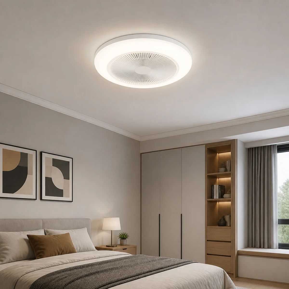 XGYFANCL-JLSFSD-E36 RGBW grid ceiling fan light installed in a bedroom