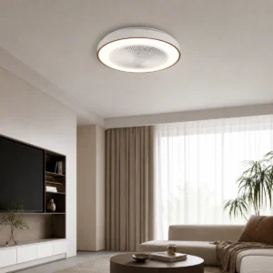 XGYFANCL-JLSFSD002-E36 RGBW grid ceiling fan light installed in a living room