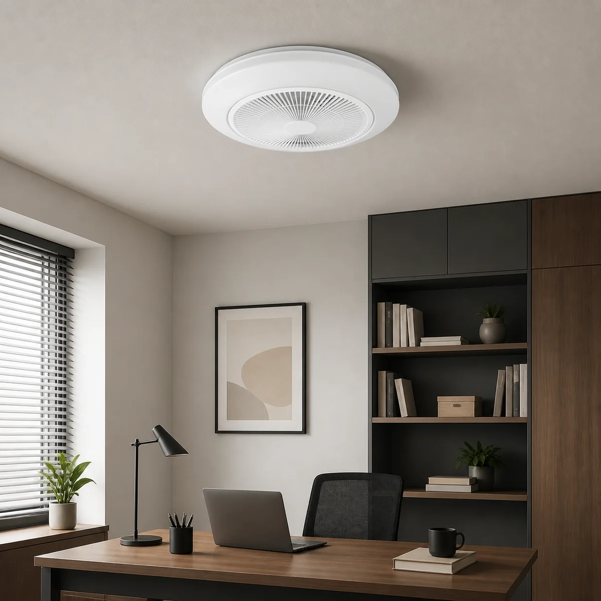 XGYFANCL-JLSFSD005-E36 RGBW grid ceiling fan light installed in a home office