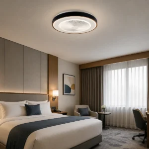 XGYFANCL-JLSFSD014-E36 RGBW grid ceiling fan light installed in a hotel guest room