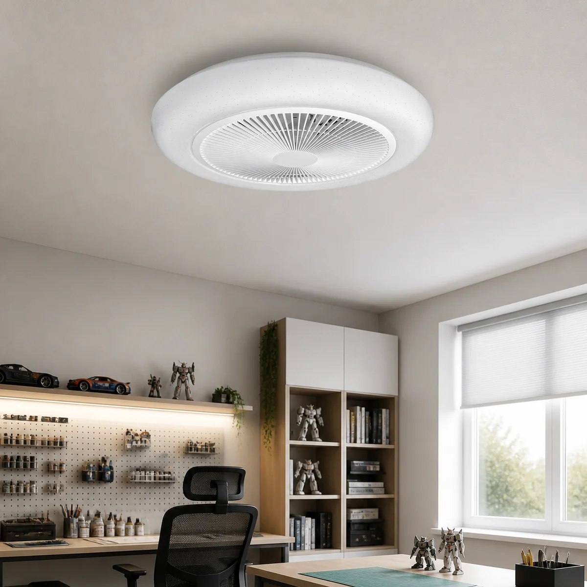 XGYFANCL-JLSFSD015-E36 RGBW grid ceiling fan light installed in a hobby room