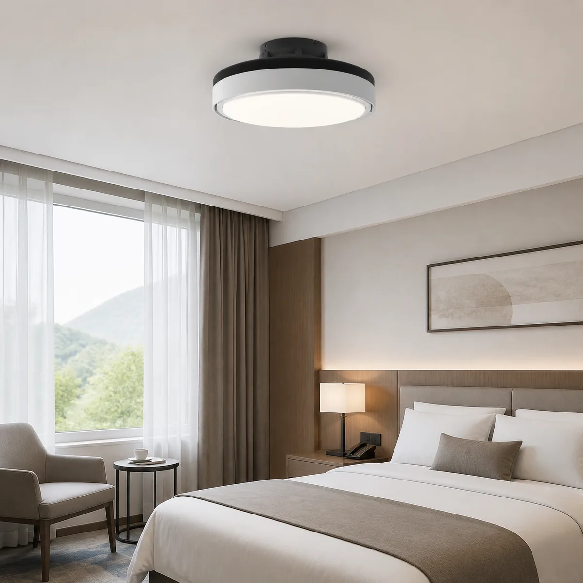 XGYFANCL-KSSL07-E79 hidden-blade ceiling fan light installed in a hotel guest room
