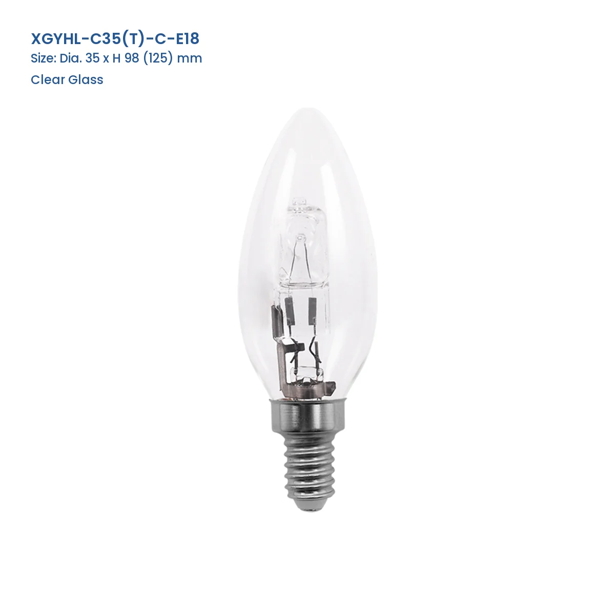 XGYHL-C35(T)-C-E18 C35(T) clear glass halogen bulb, Dia. 35 x H 98 (125) mm
