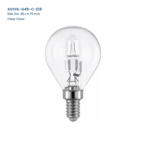 XGYHL-G45-C-E18 G45 clear glass halogen bulb, Dia. 45 x H 75 mm