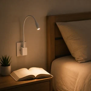 XGYNLAC-JBRSW01W-E4 round-head flexible plug-in reading light aimed at a bedside book