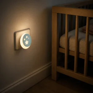 XGYNLAC-KLYMOON-E4 moon-and-stars plug-in night light beside a nursery crib