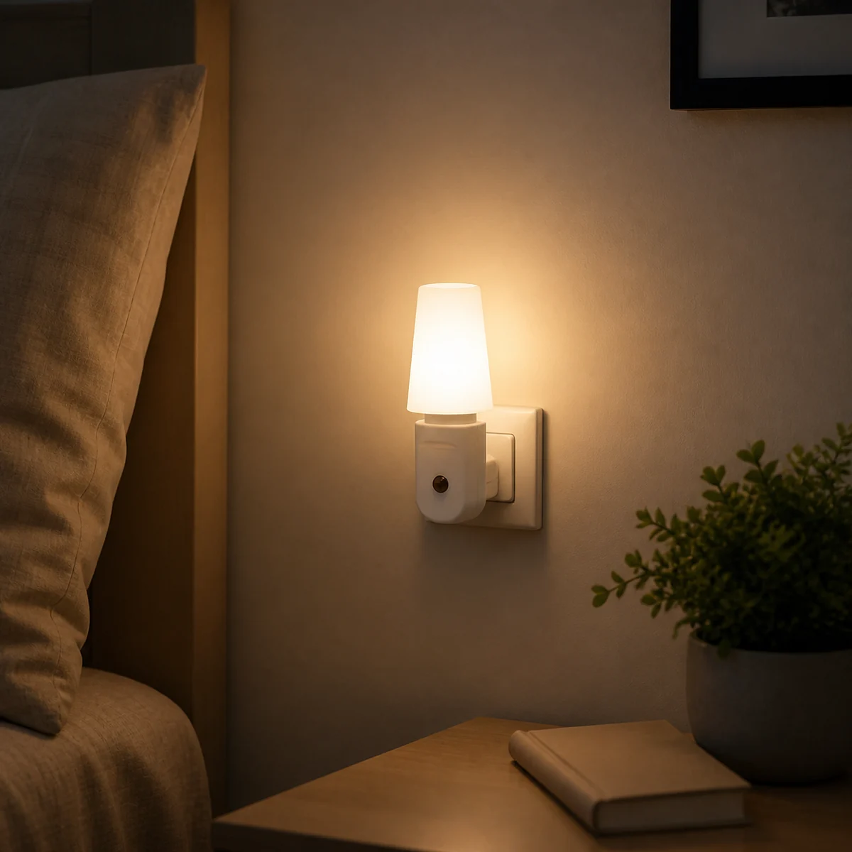 XGYNLAC-MCS-E0.5 light-sensor plug-in night light beside a bed