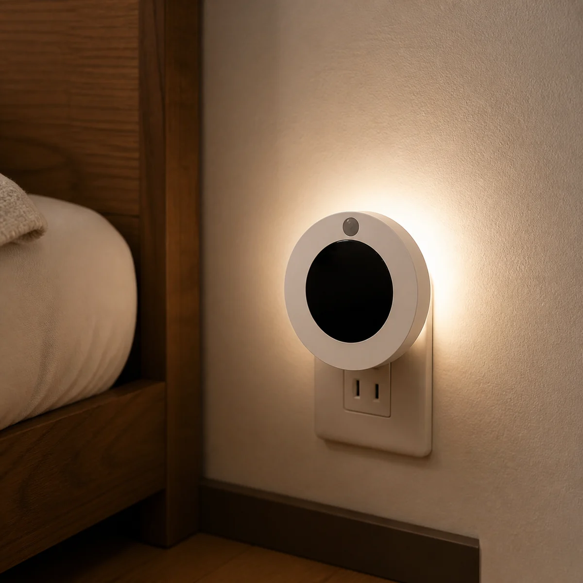 XGYNLAC-RBL-E1.5 backlit plug-in night light beside a bed