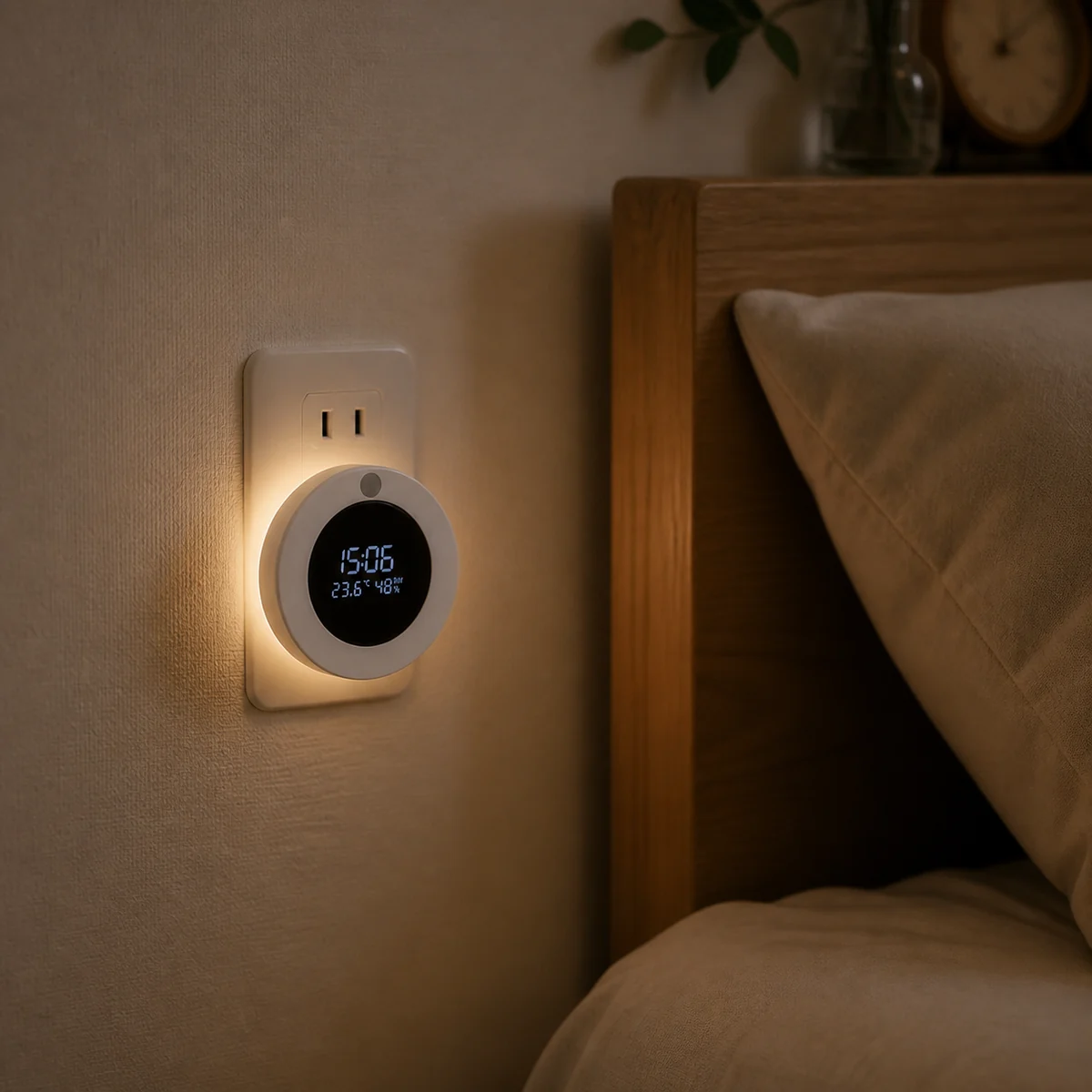 XGYNLAC-RBLS-E1.5 temperature and humidity display night light beside a bed