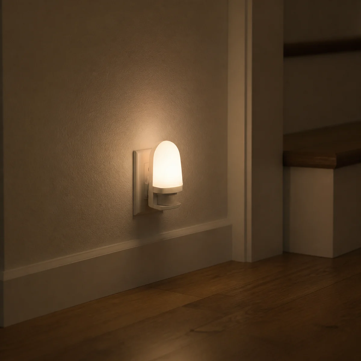 XGYNLAC-WTG068-E0.7 sensor night light installed at an indoor wall outlet