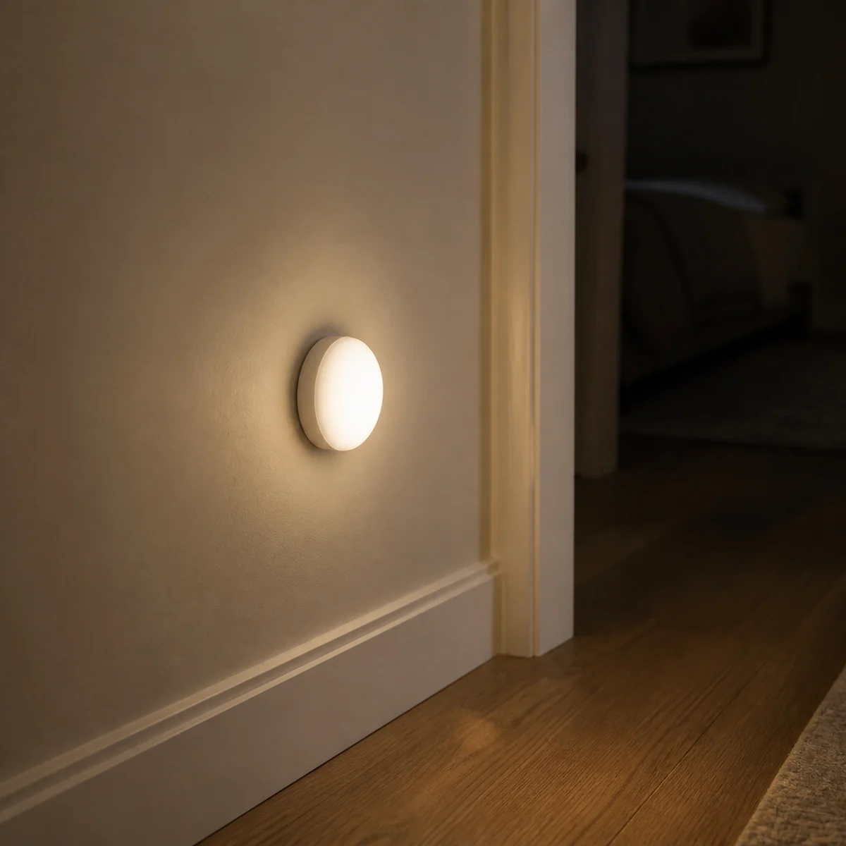 XGYNLDC-REM-E0.2 round magnetic sensor night light mounted on an indoor wall