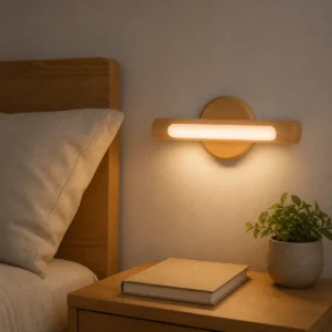 XGYNLDC-WT8B19-E0.2 wood-look rechargeable wall night light beside a bed