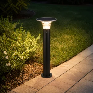 XGYSGL-YD087-E4 post-mount solar garden light beside a landscaped path