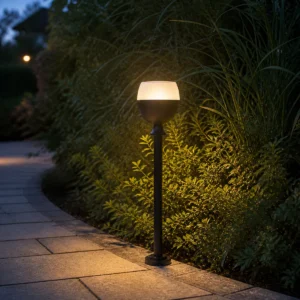 XGYSGL-YD404-E3 post-mount solar light beside a garden path