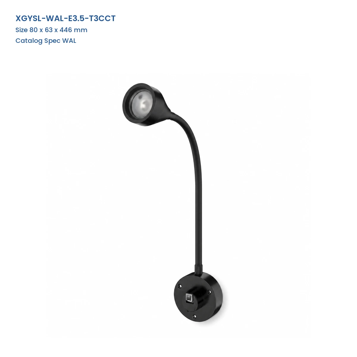 XGYSL-WAL-E3.5-T3CCT black flexible gooseneck LED task spotlight with round abs wall base