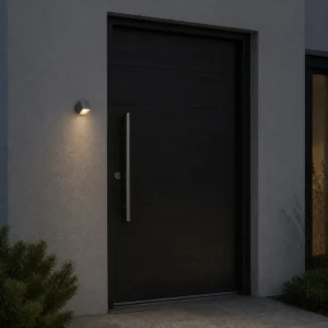 XGYSWL-ARRO-E0.15 low-output solar wall light installed beside an exterior entrance at dusk