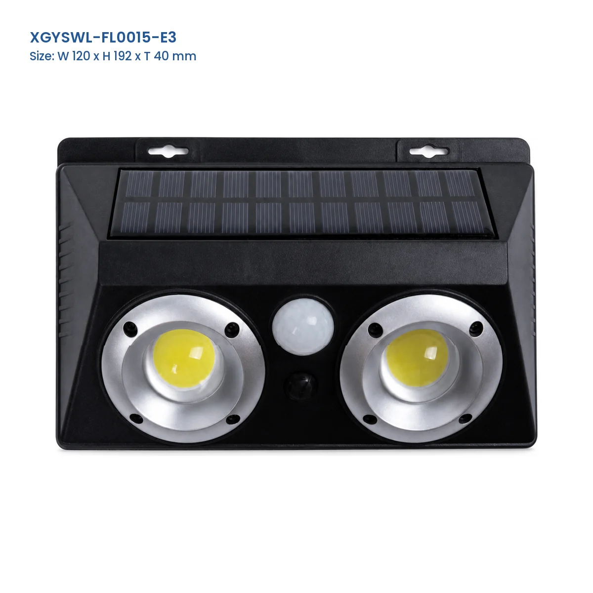 XGYSWL-FL0015-E3 LED solar wall light with Model and Size labels
