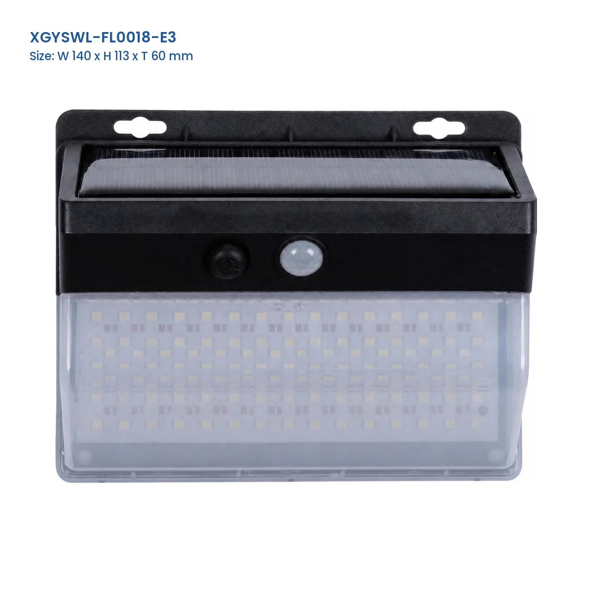 XGYSWL-FL0018-E3 LED solar wall light with Model and Size labels
