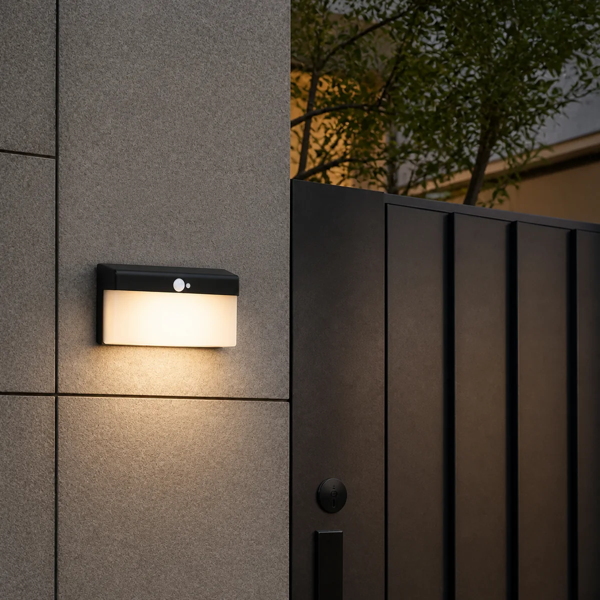 XGYSWL-HC-P9114-E2.4 horizontal cap solar wall light installed on an exterior wall