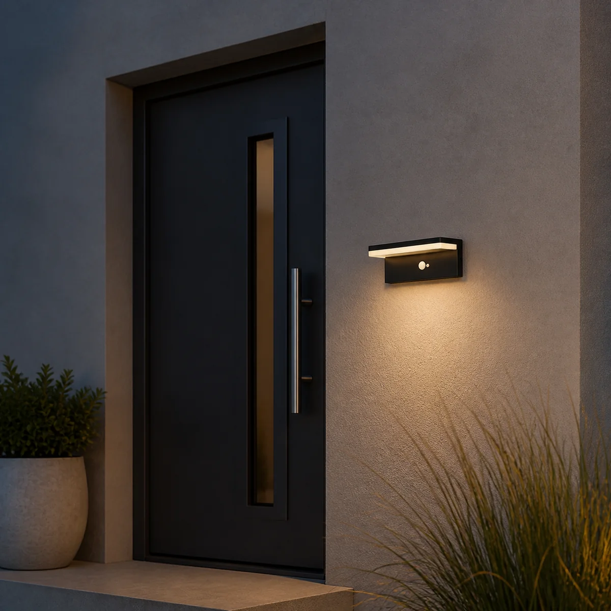 XGYSWL-HC-P9117-E2.4 horizontal edge-lit solar wall light installed on an exterior wall