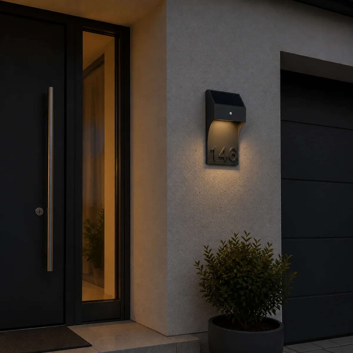 XGYSWL-HNBP-E0.3 house-number solar wall light beside a residential entrance